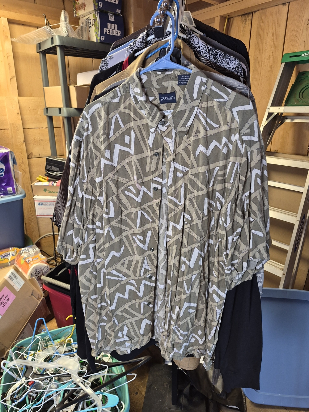 Puritan Olive and White Geometric Button-Down Shirt Bin 66